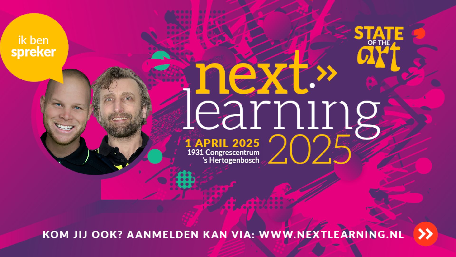 Promotieposter Next Learning 2025 met Stephan Petersen en Sjak Meerveld als sprekers